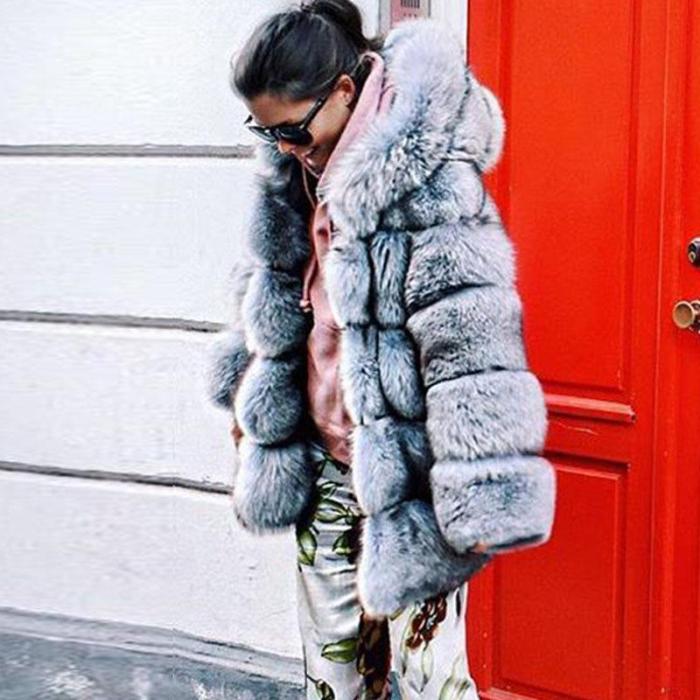 Hooded Long Sleeve Plain Elegant Fashion Winter Faux Fur Coats