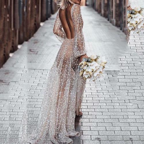 Sexy Long-Sleeved Low-Back Evening Dress
