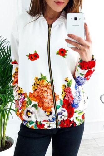 Band Collar Zipper Floral Printed Jackets