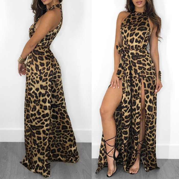 Sexy Chic Slim Leopard Print Sleeveless Halter Fork Evening Dress