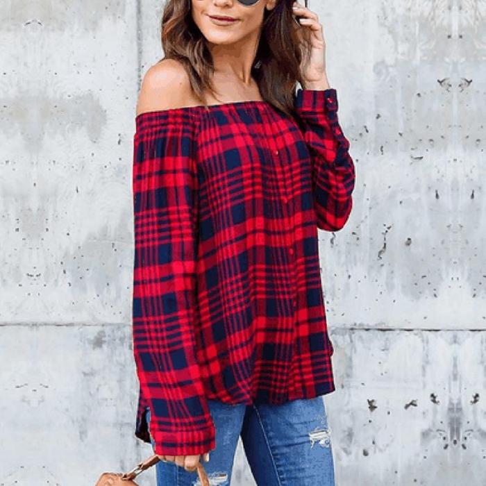 Sexy Off Shoulder Plaids Printed Long Sleeve Button Blouses