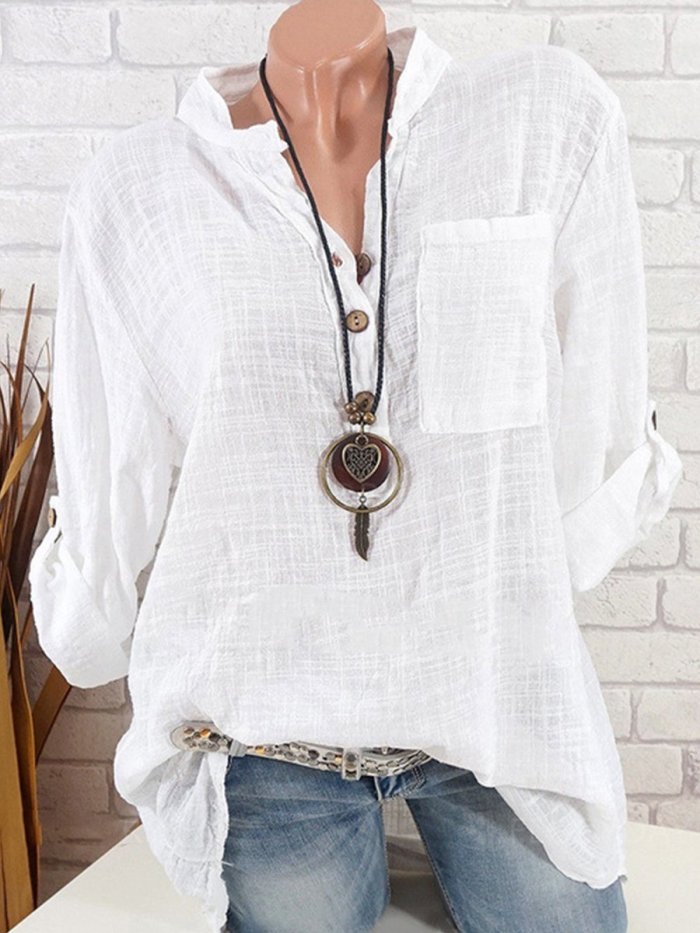 Band Collar  Single Breasted  Plain Blouses