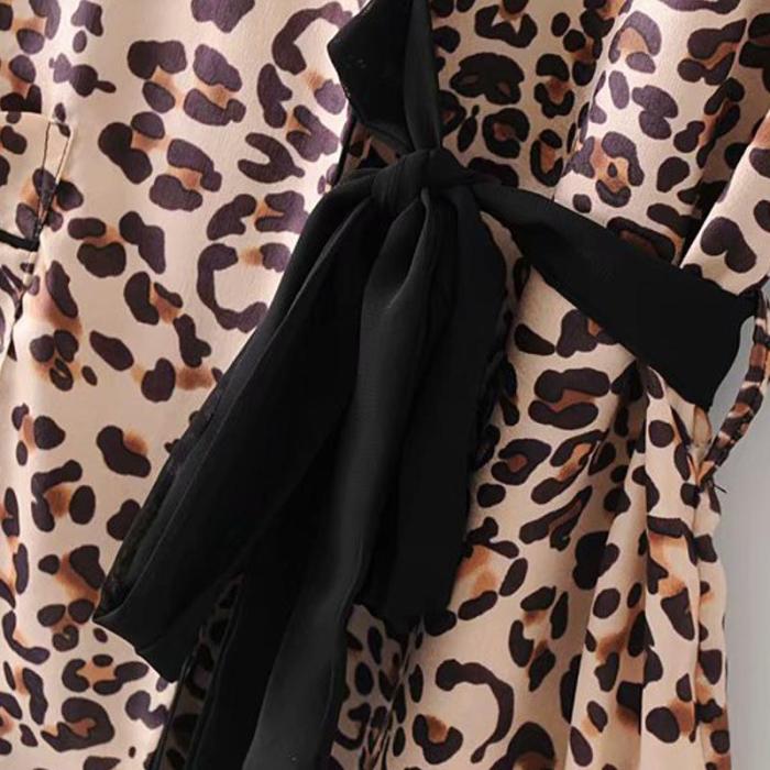 Suit Collar Leopard Wrap Blouse