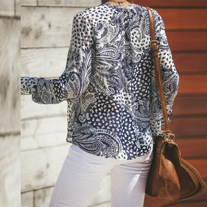 Round Neck Printed Long Sleeve Casual Blouses