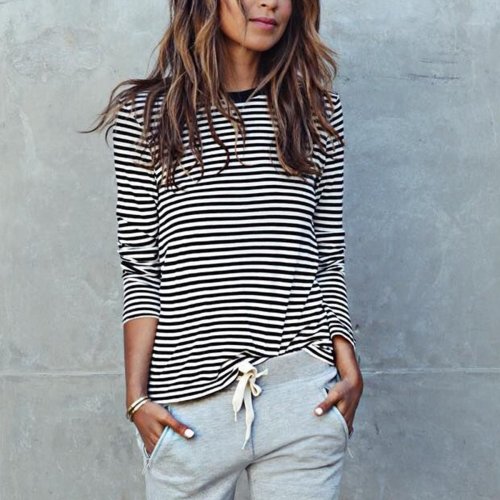 Casual Striped Loose  Long Sleeve Blouse T-Shirts