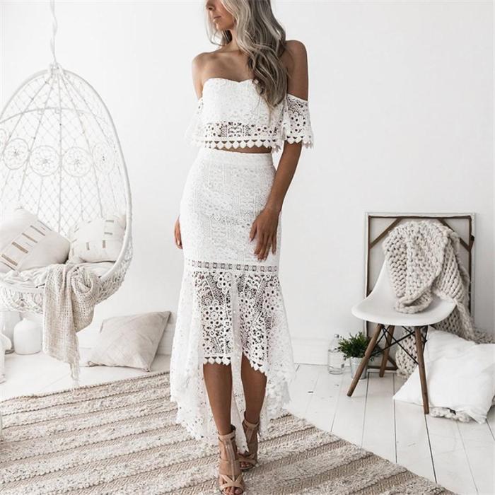 Casual Sexy Backless   Lace Skirt With Blouse Two Piece Suit