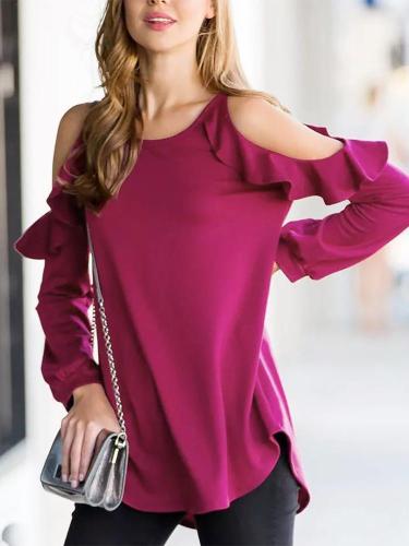 Fashion Pure Colour   Off-Shoulder Ruffled Top