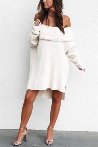Casual Sexy Long One   Shoulder Sweater Mini Dresses