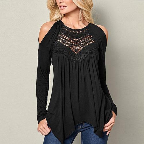 Round Neck Long Sleeve Hollow Out Lace Patchwork T-Shirts