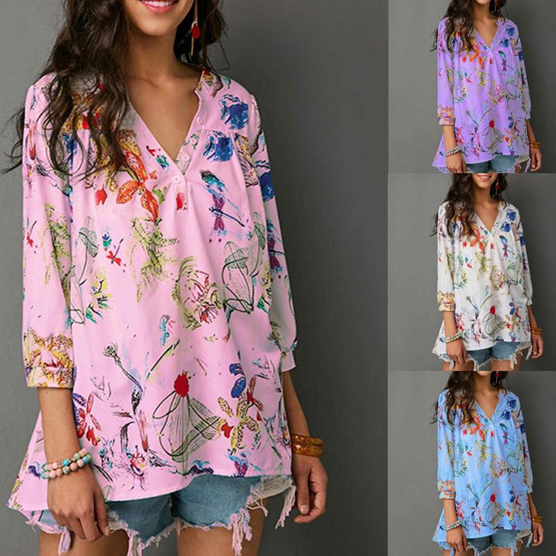 US$ 16.95 - V Neck Button Floral Printed Casual Blouses - www.ebuytide.com