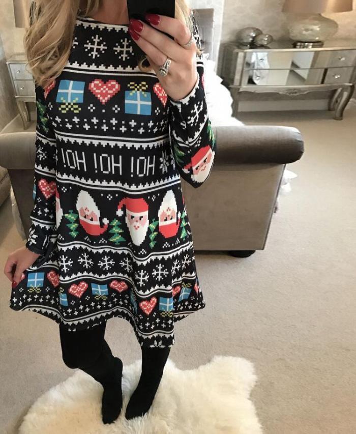 Christmas New Snowman Print Long Sleeve Dress