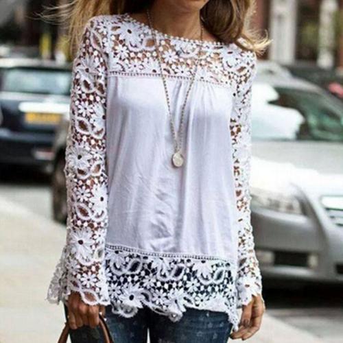 Long Sleeve Lace Hollow Out Chiffon Patchwork Blouse