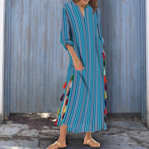 Cotton/Polyester Printed Stripe Tassel V-Neck Casual Dress
