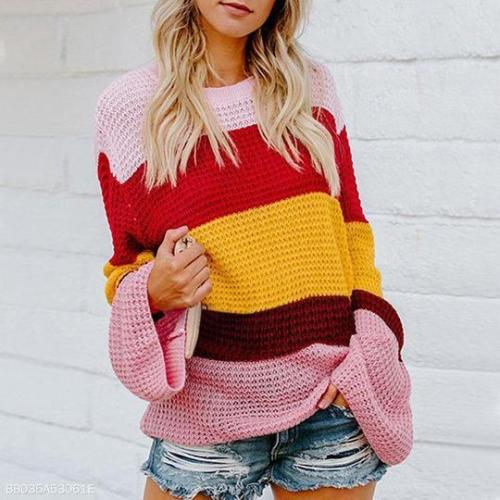 Color Loosely Knitted Trumpet Sleeves Sweater