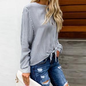 Round Neck Hollow Out Striped Long Sleeves Blouses