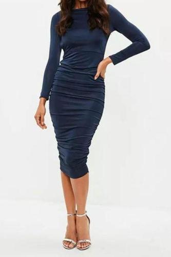 Round Collar Backless Pure Color Long Sleeve Bodycon Dress