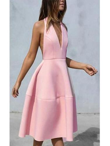 Sexy Pure Color Halter Backless Skater Dress