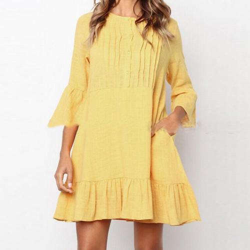 Round Neck Stretched Ruffled Casual Dresses