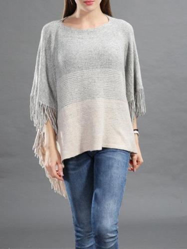 Casual Crew Neck Batwing Asymmetric Fringed Poncho