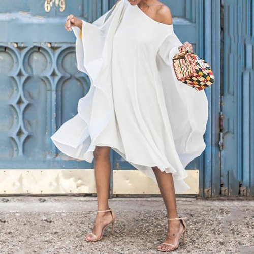 Chiffon Off-The-Shoulder Sleeve Casual Dress