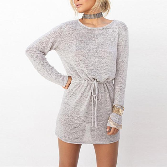 Round Neck Hollow Out Backless Long Sleeve Knitting Casual Dress