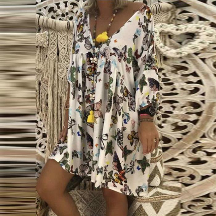 V Neck Floral Printed Long Sleeve Loose Casual Dress