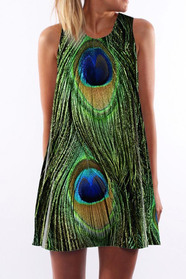 Round Neck  Peacock Feathers Prints  Sleeveless Casual Dresses