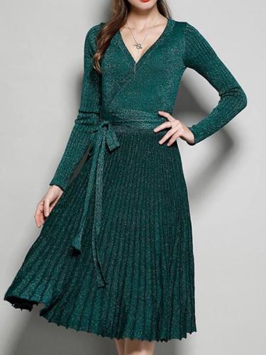 Women's New V-Neck Long Sleeve Knit Silk Pleated Dress