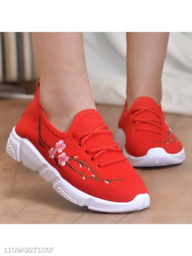 Embroidery Floral Flat Round Toe Casual Sport Sneakers