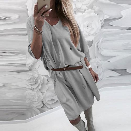 Round Neck  Hollow Out Plain  Three Quarter Sleeve Casual Dresses