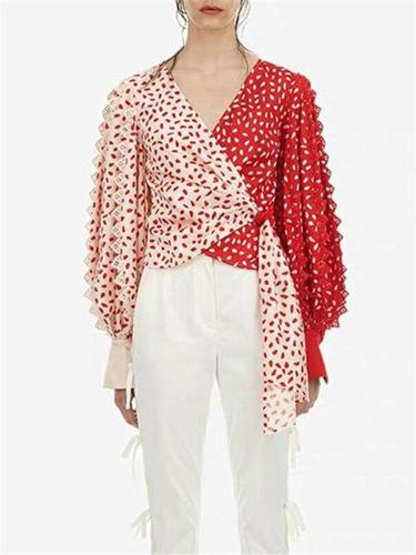 Fashion V collar lantern sleeve printing contrast color asymmetrical shirt