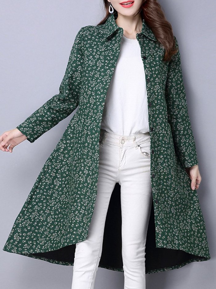 Lapel High-Low Patch Pocket Printed Coat