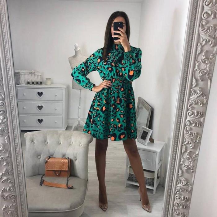 Leopard Printed Long Sleeve Turtle Neck Casual Dress