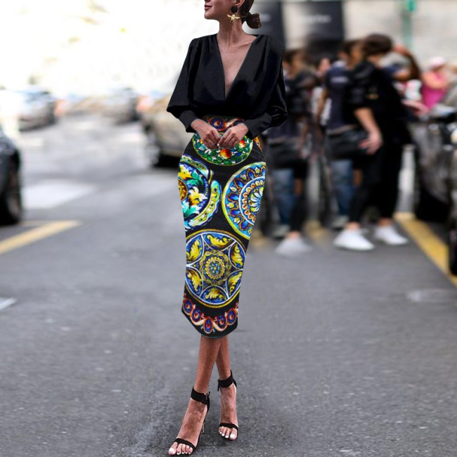 Fashion Business Elegant Slim Floral V Collar Long Sleeve Bodycon Dress