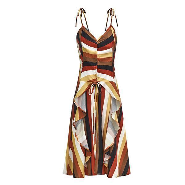 Striped Sling Chiffon Print Pleated Split Casual Dresses