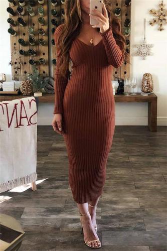 Sexy Round Collar Long Sleeves Comfortable Striped Cloth Wrapped Hip Dress