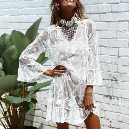 Round Neck Long Flare Sleeve See Through Casual Dresses