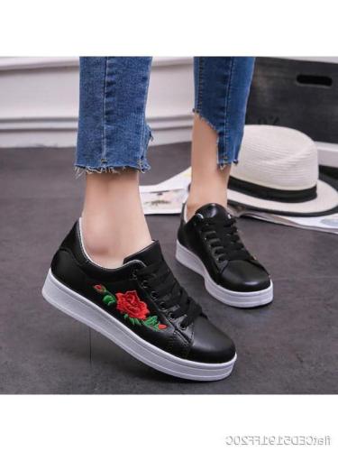 Embroidery Floral Flat Criss Cross Round Toe Casual Sneakers