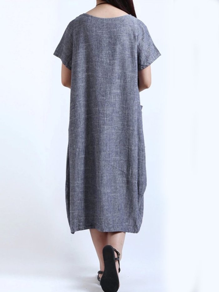Round Neck  Patch Pocket  Plain  Cotton/Linen Maxi Dress
