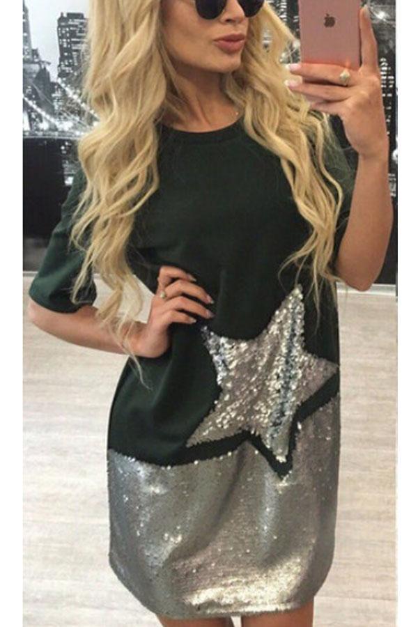 Round Neck  Glitter  Patchwork  Short Sleeve Casual Dresses