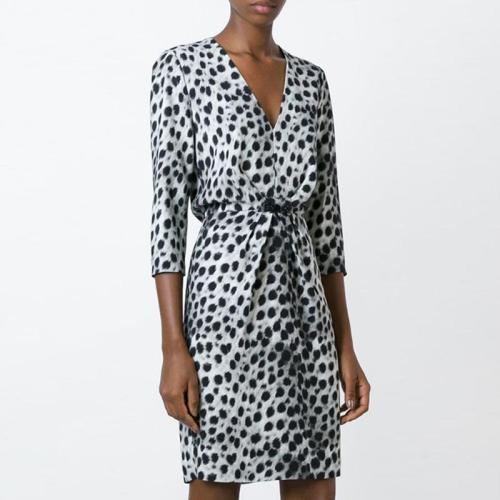 V Neck  Belt  Leopard  Three Quarter Sleeve Casual Dresses