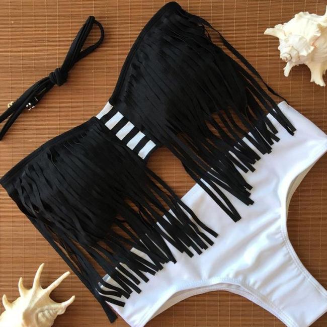 Black/White Tassel Halter Swimwear