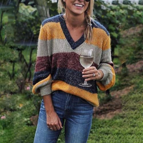 V Neck Loose Fitting Striped Sweaters