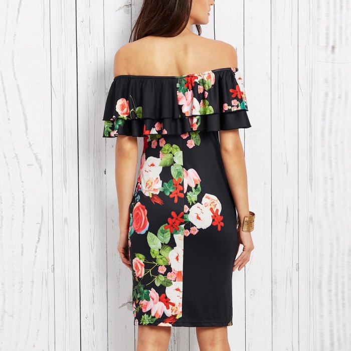 A Word Collar Double Frilled Printing Bodycon Dress