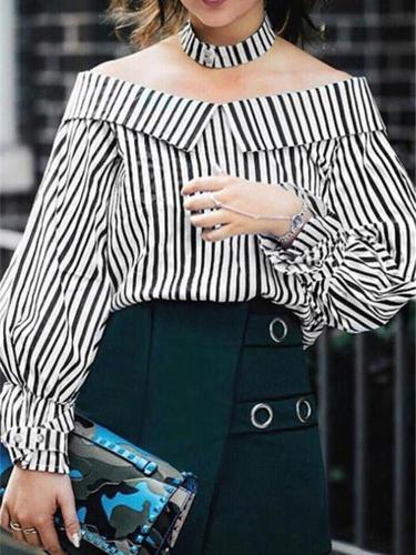 Casual Sexy A Strap   Shoulder Horn Sleeved Striped Shirt