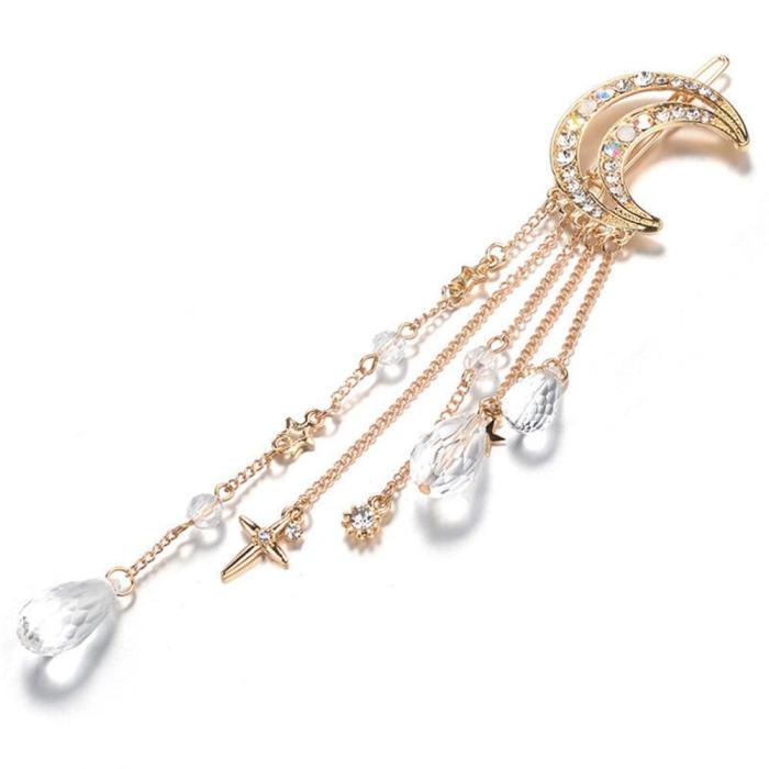 Retro Women Clip Moon Rhinestone Crystal Pendant Pin Tassel Long Chain Beads Hairpin Ladies Hair Jewelry Hair Clip
