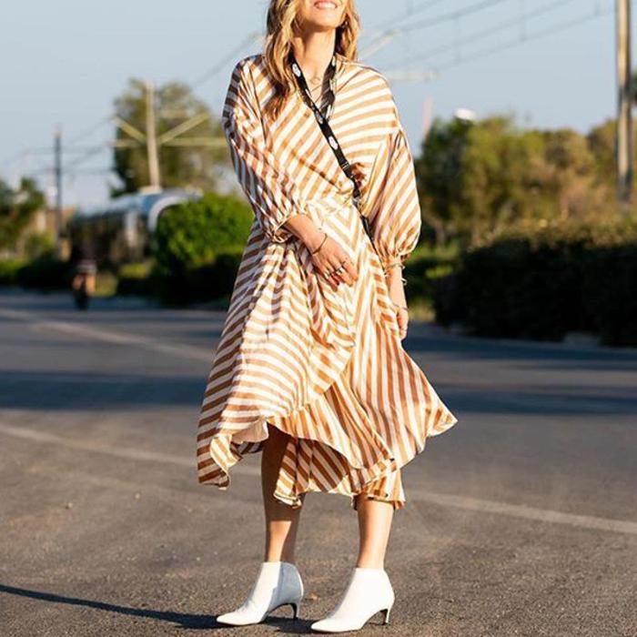 Fashion Striped Irregular Hem Waist Casual Maxi Dress