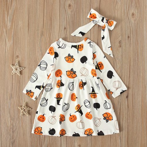 Halloween 2020 Kids Dresses For Girls Toddler Kids Baby Girl Halloween Pumpkin Print Dress Headbands Outfits 6m-5y Gilr Vestidos