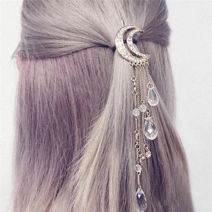 Retro Women Clip Moon Rhinestone Crystal Pendant Pin Tassel Long Chain Beads Hairpin Ladies Hair Jewelry Hair Clip