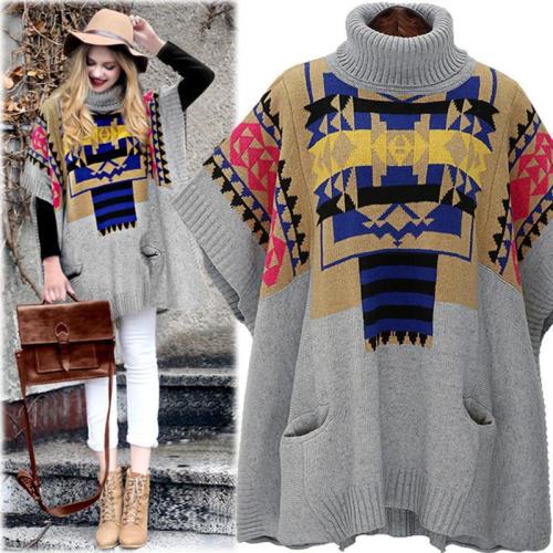 High-neck Batwing Color Contrast Pockets Short Sweater